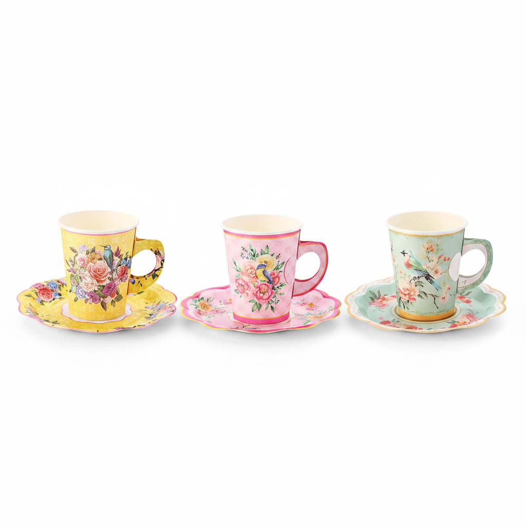 Yellow pink and mint floral paper tea cups with handles on scalloped paper plates, disposable set