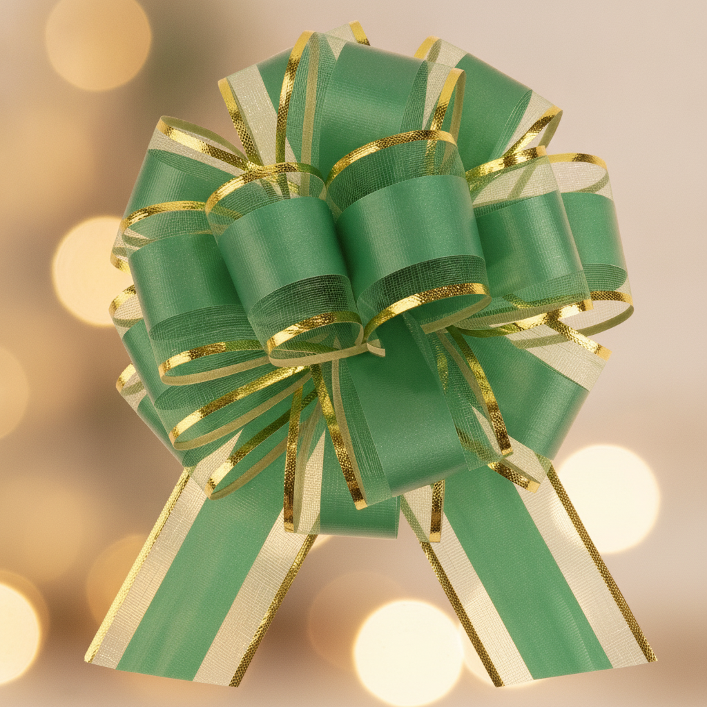 Macro close-up of green and gold organza pull bow loops