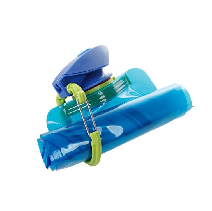 Blue foldable water bottle rolled up and held with its carabiner clip