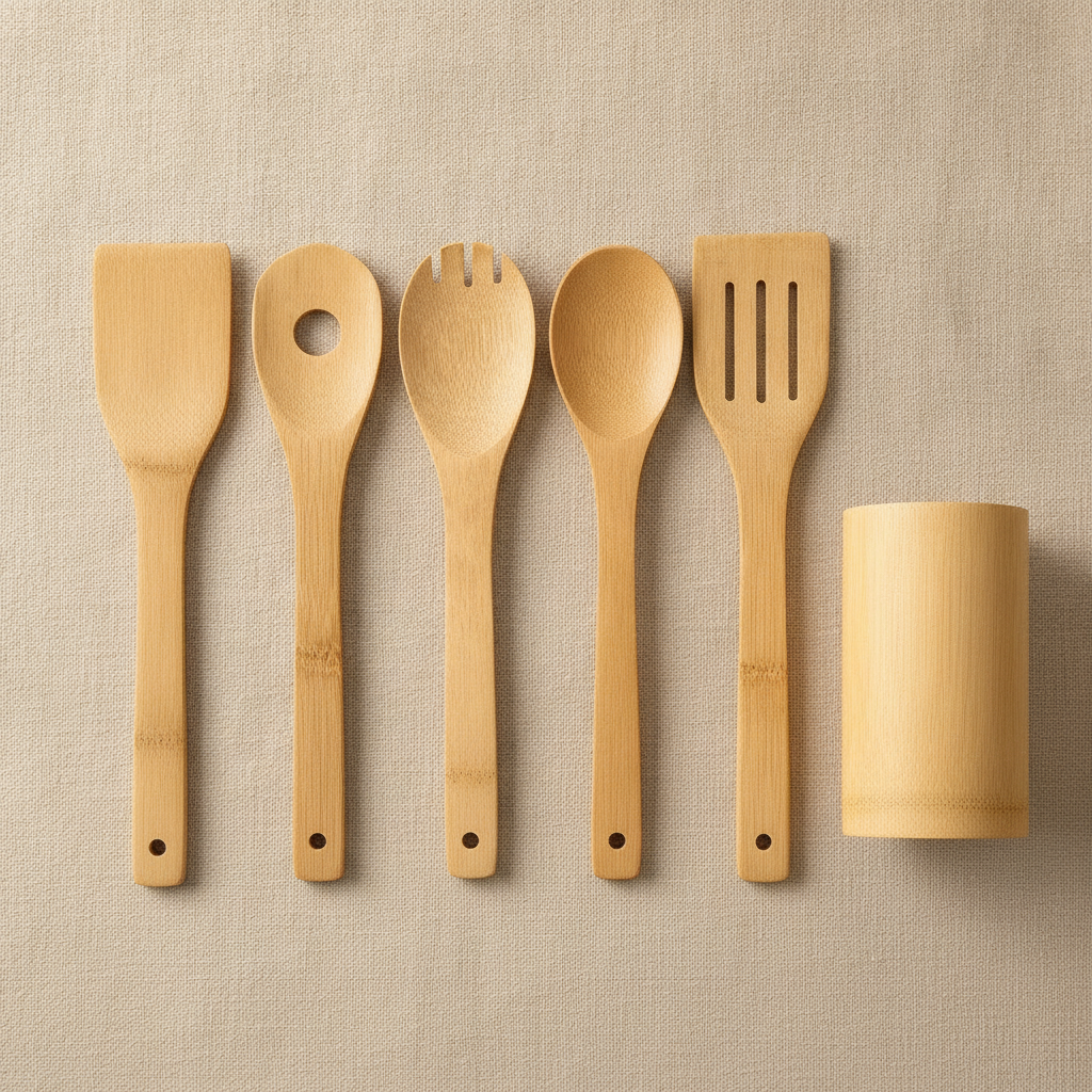 Bamboo utensil set flat-lay showing all six pieces