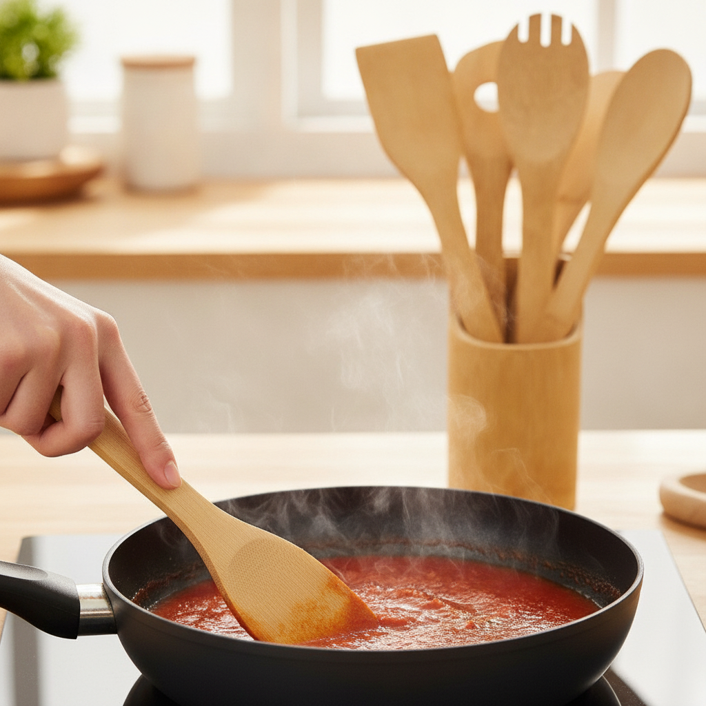 Bamboo spatula stirring sauce in a pan, with the bamboo storage tube behind