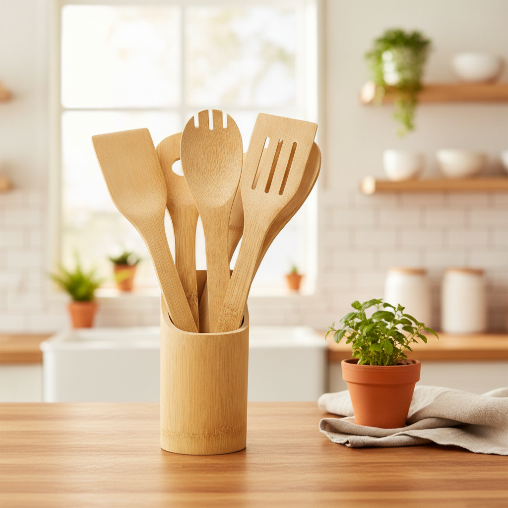 Bamboo utensil set in tube styled on a warm kitchen counter