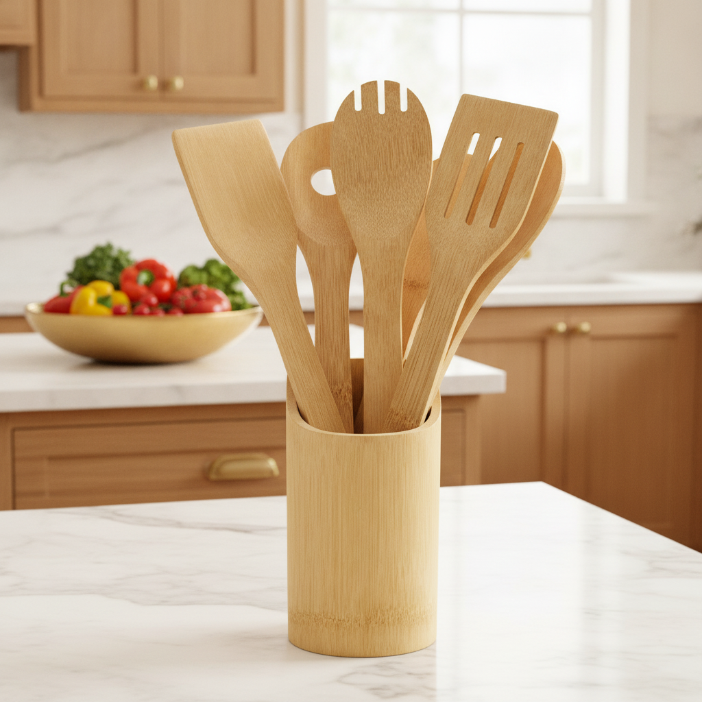 Bamboo utensil set in its tube on a marble island in an upscale kitchen