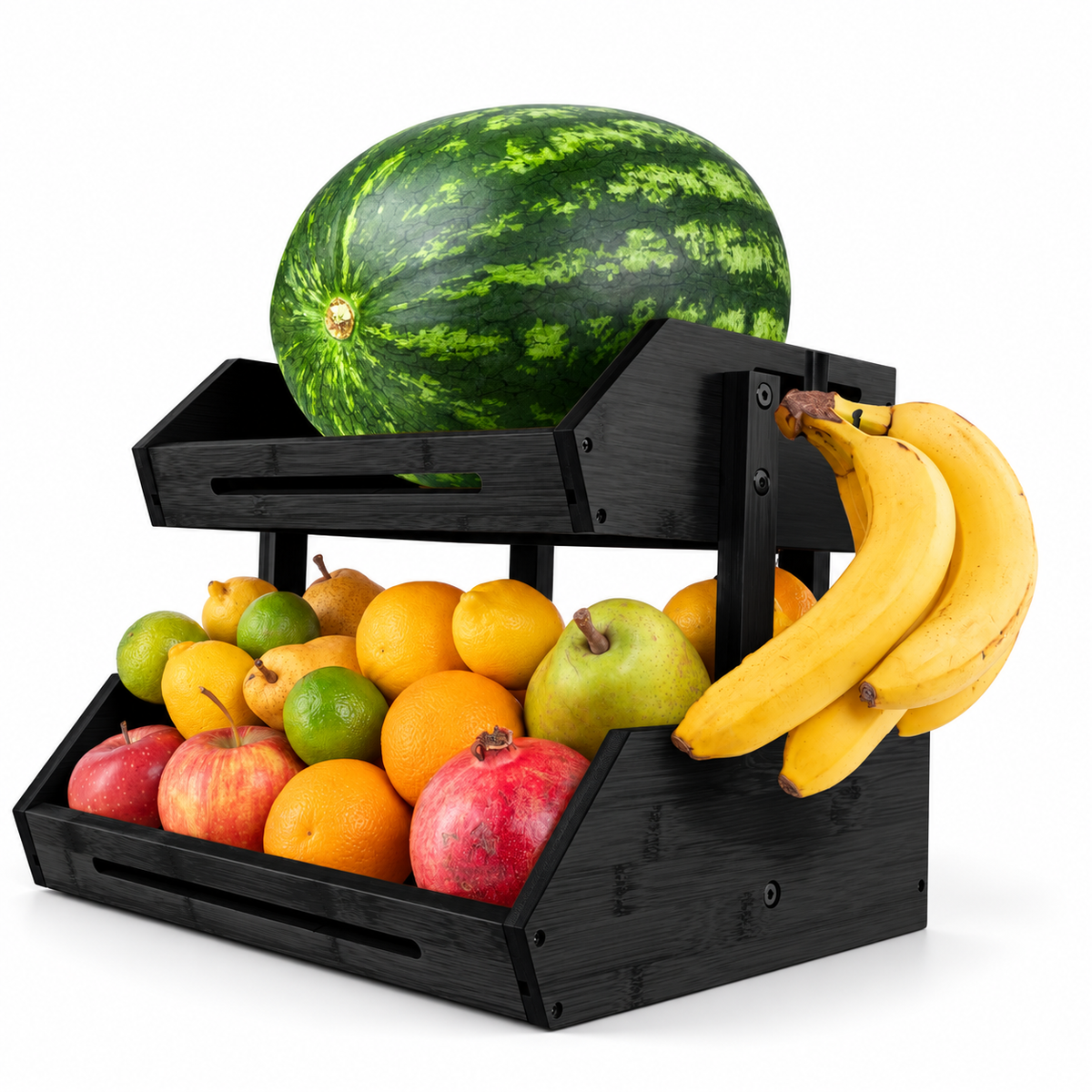 Jet-black bamboo dual-tier fruit and vegetable organizer on a white background