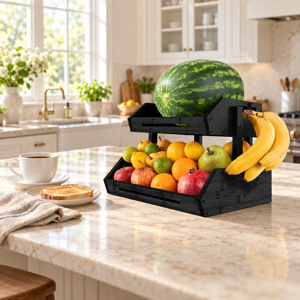 Jet-black bamboo dual-tier organizer styled with fruit on a breakfast island