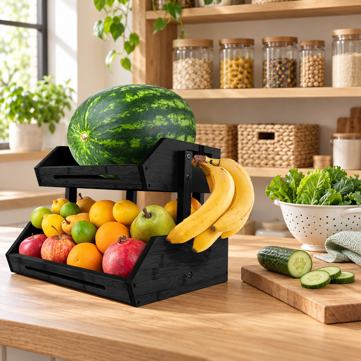 Jet-black bamboo dual-tier organizer used for pantry and meal preparation