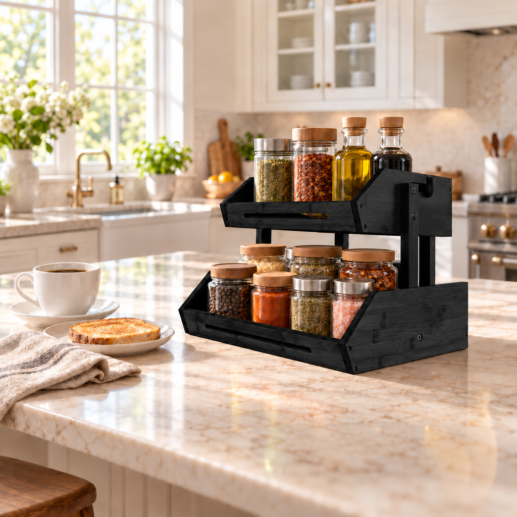 Jet-black bamboo dual-tier organizer holding spices and oil bottles on a kitchen island