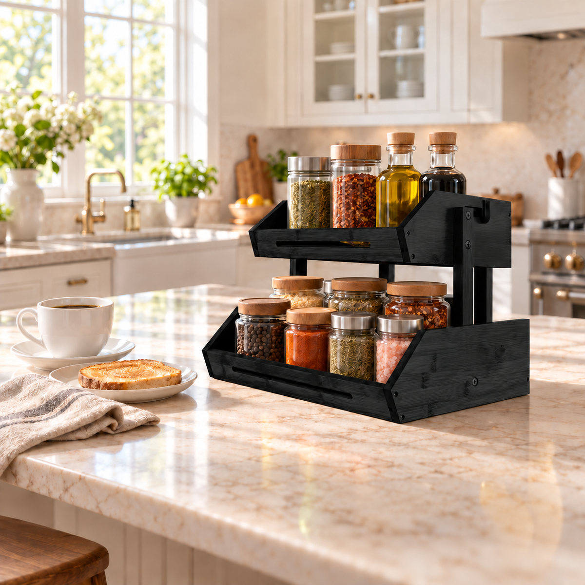 Jet-black bamboo dual-tier organizer holding spices and oil bottles on a kitchen island