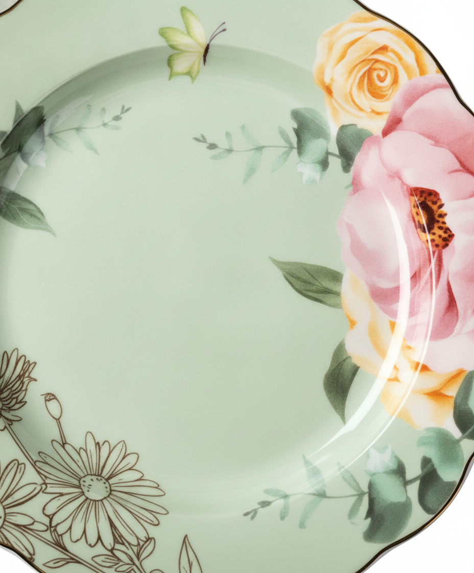 Macro detail of a sage-green floral porcelain plate with gold scalloped rim