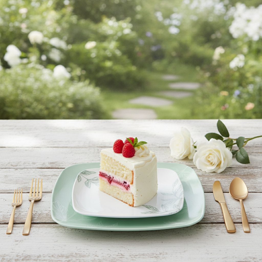 White leaf-print plate with cake on a mint-green plate at a garden table
