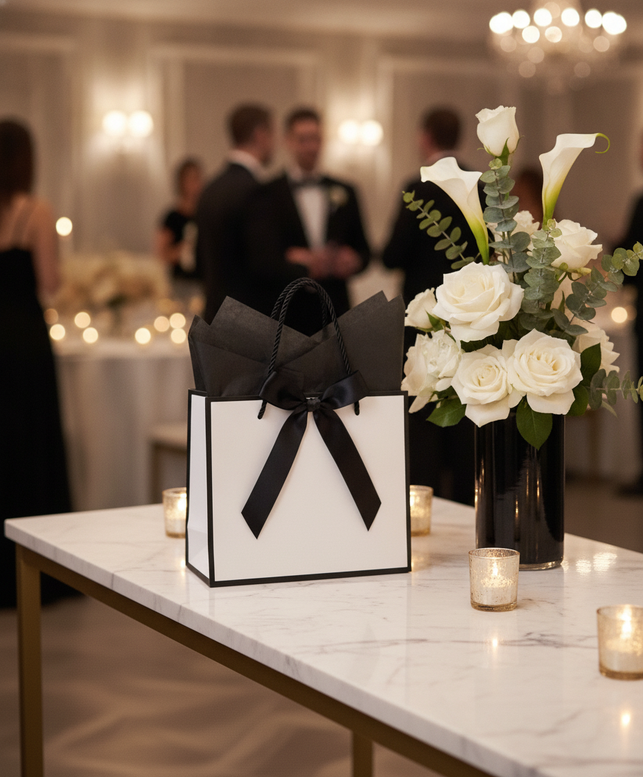 White and black gift bag on a marble console at an elegant party
