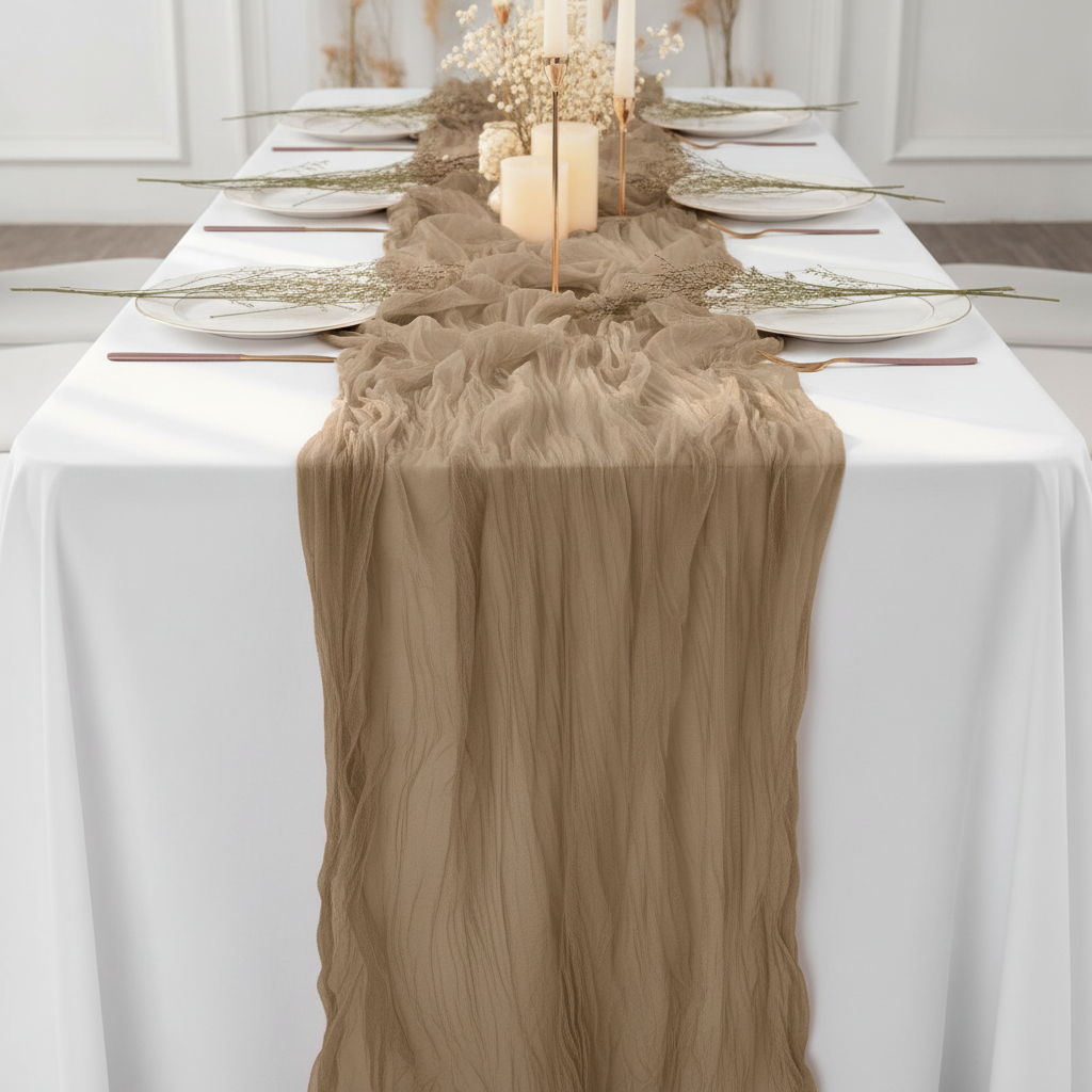 Coffee gauze table runner flowing down an elegant set wedding table with plates, candles and baby's breath florals