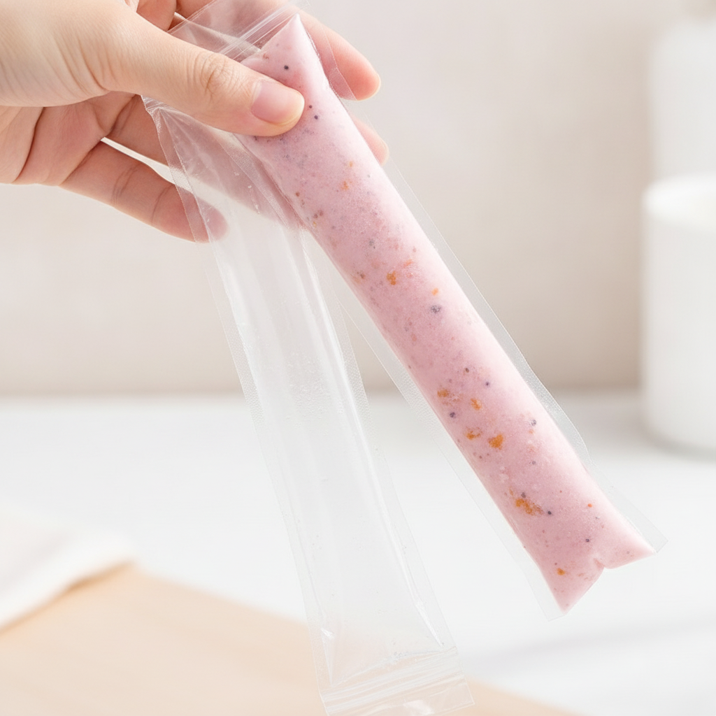 Close-up of a clear popsicle mold bag with a pink fruit ice-pop and the self-seal top