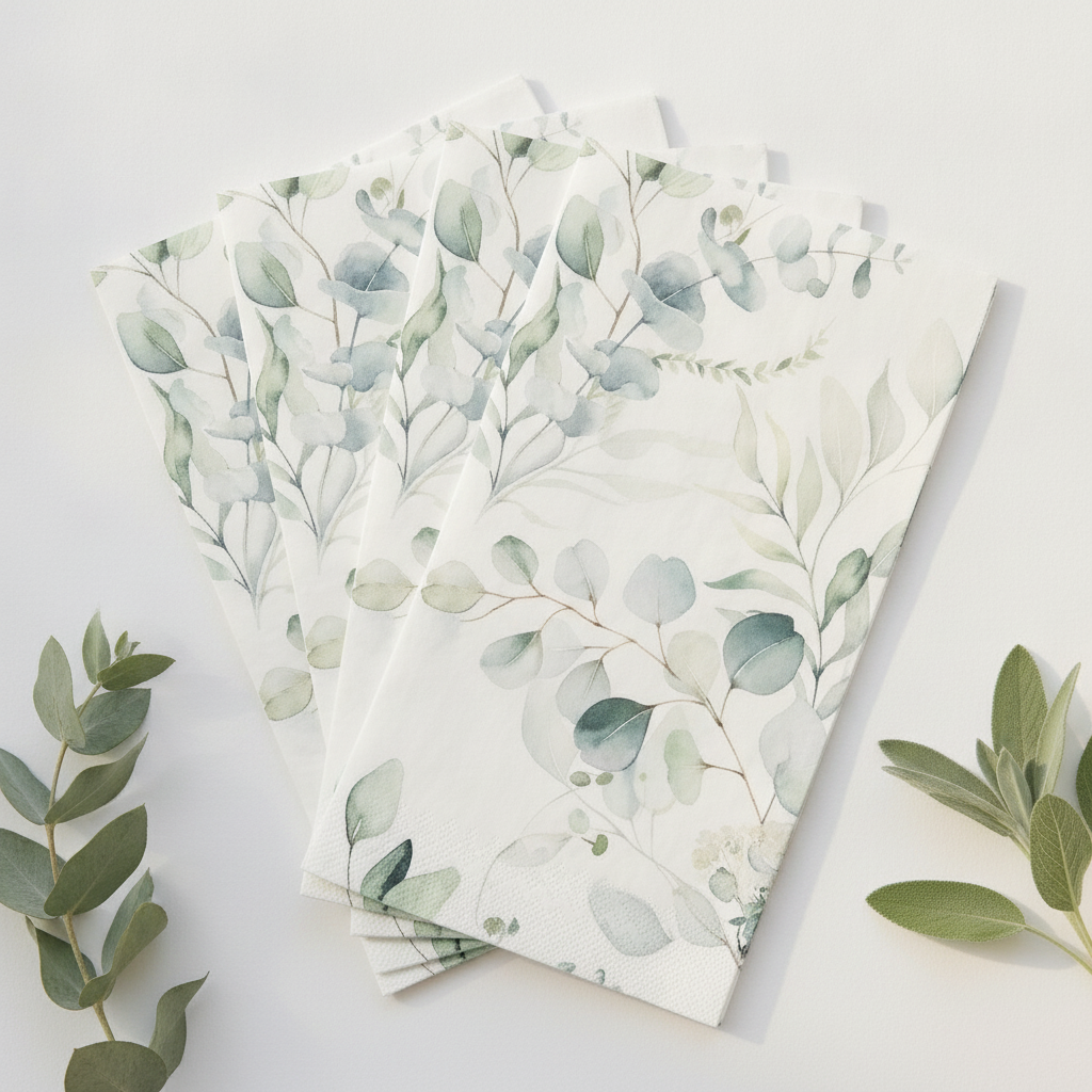 Macro close-up of a stack of sage eucalyptus paper napkins showing the watercolor botanical print