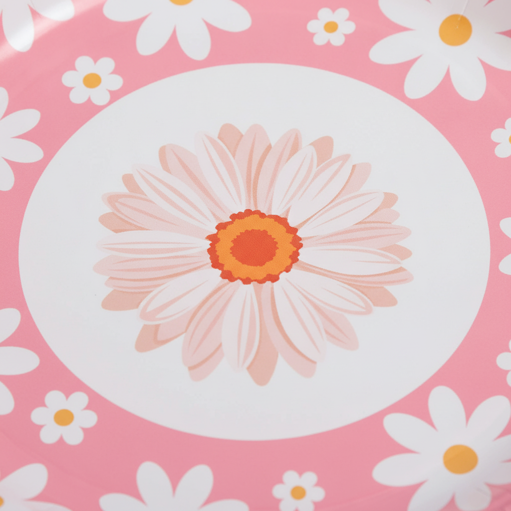 Macro close-up of a pink groovy daisy paper plate print