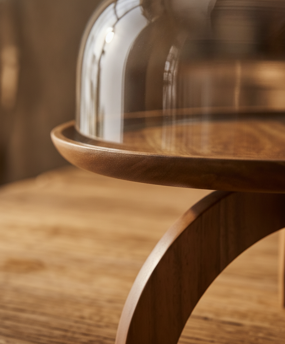 Macro detail of the acacia wood cake stand leg and glass dome rim