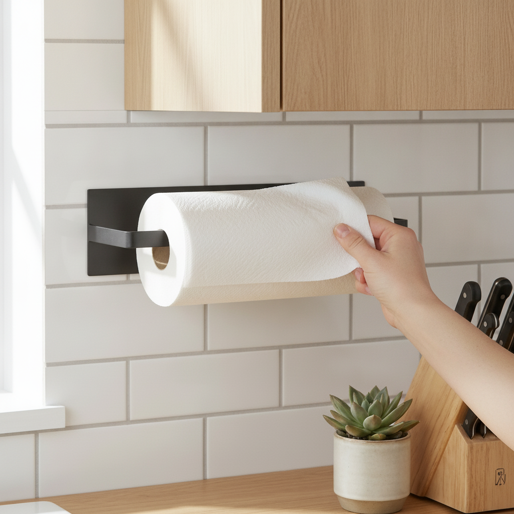 Black iron paper towel holder mounted under a cabinet with a hand tearing off a sheet