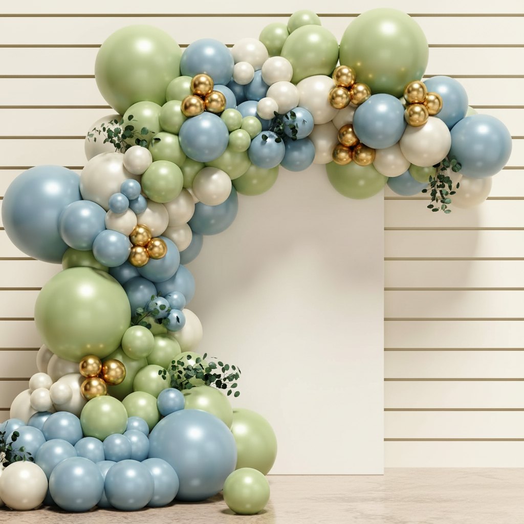 Dusty green and blue boho balloon garland arch with sand and gold balloons against a white wall
