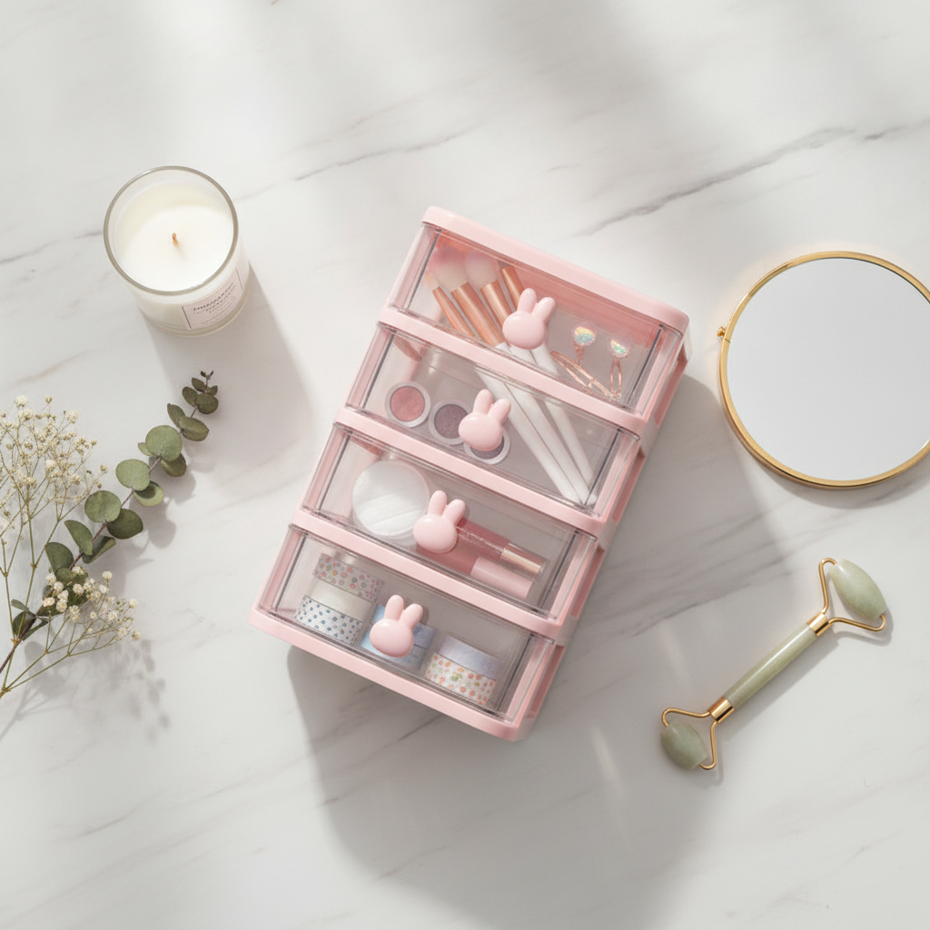 Styled vanity flat-lay with clear plastic drawer organizer holding makeup and accessories