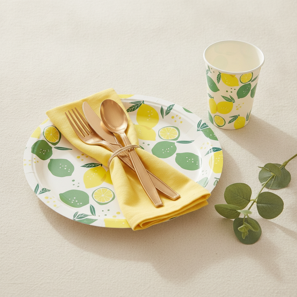 Angled close-up of a lemon-print paper plate with a napkin, gold fork and paper cup