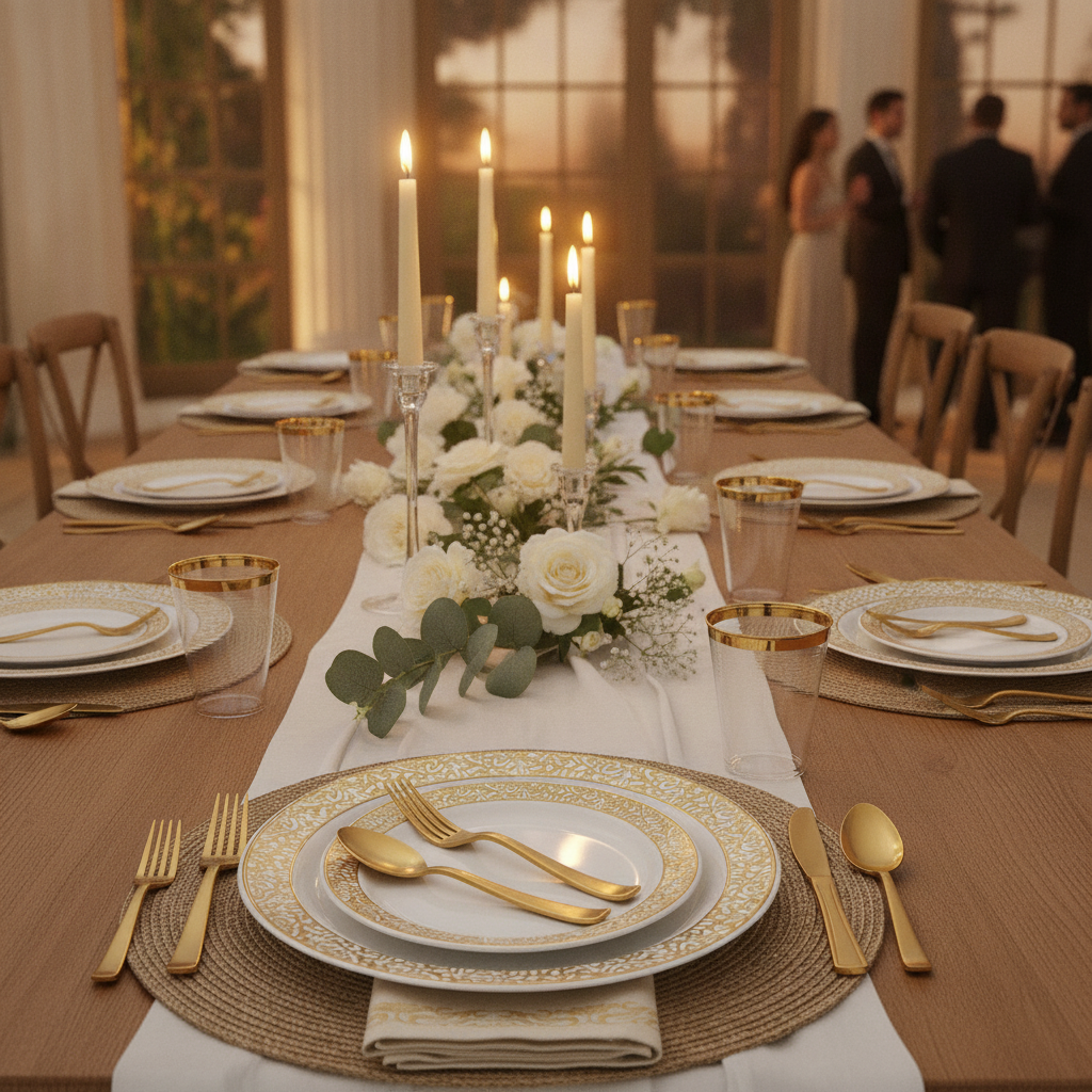 Wedding reception table with gold-lace-rim disposable place settings and candles