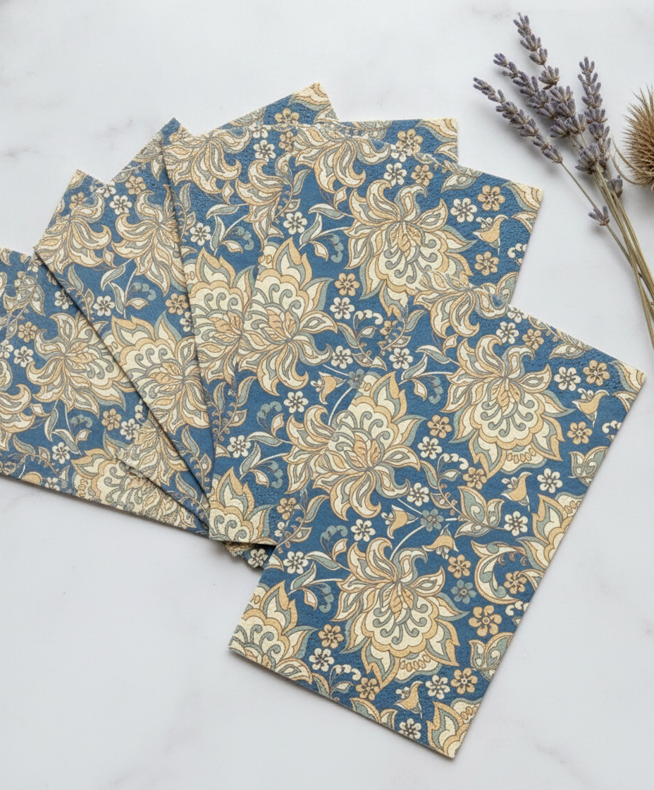 Fanned rectangular heritage English floral paper guest napkins showing the blue and gold William Morris damask print