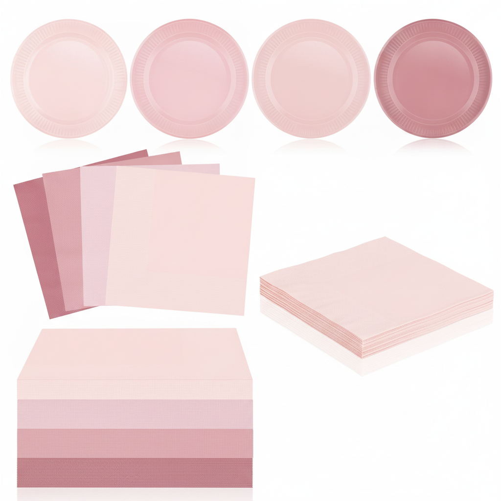 Four dusty-pink gradient paper plates fanned with matching napkins on white