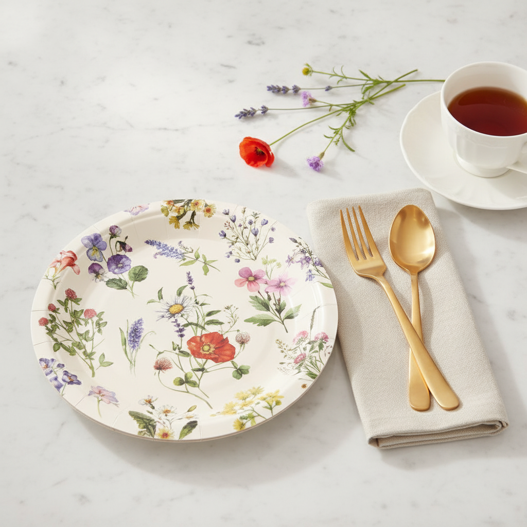 Wildflower floral paper plate place setting with gold cutlery and tea on marble