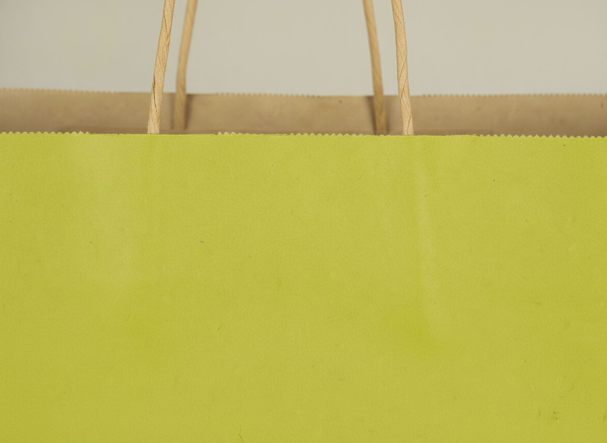 Macro detail of the twisted handle and folded edge of an avocado green kraft bag