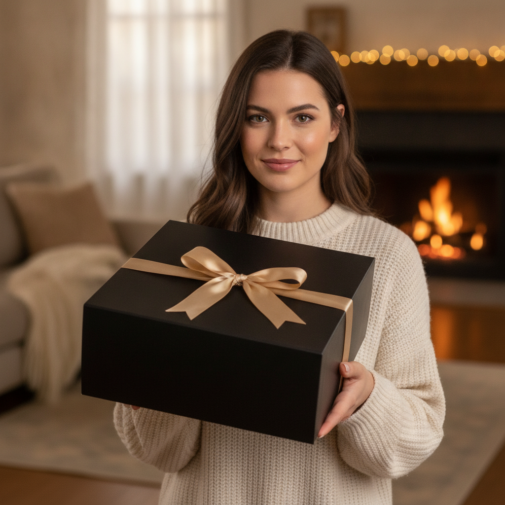 Woman holding a large matte black gift box with a gold satin bow in a cozy living room