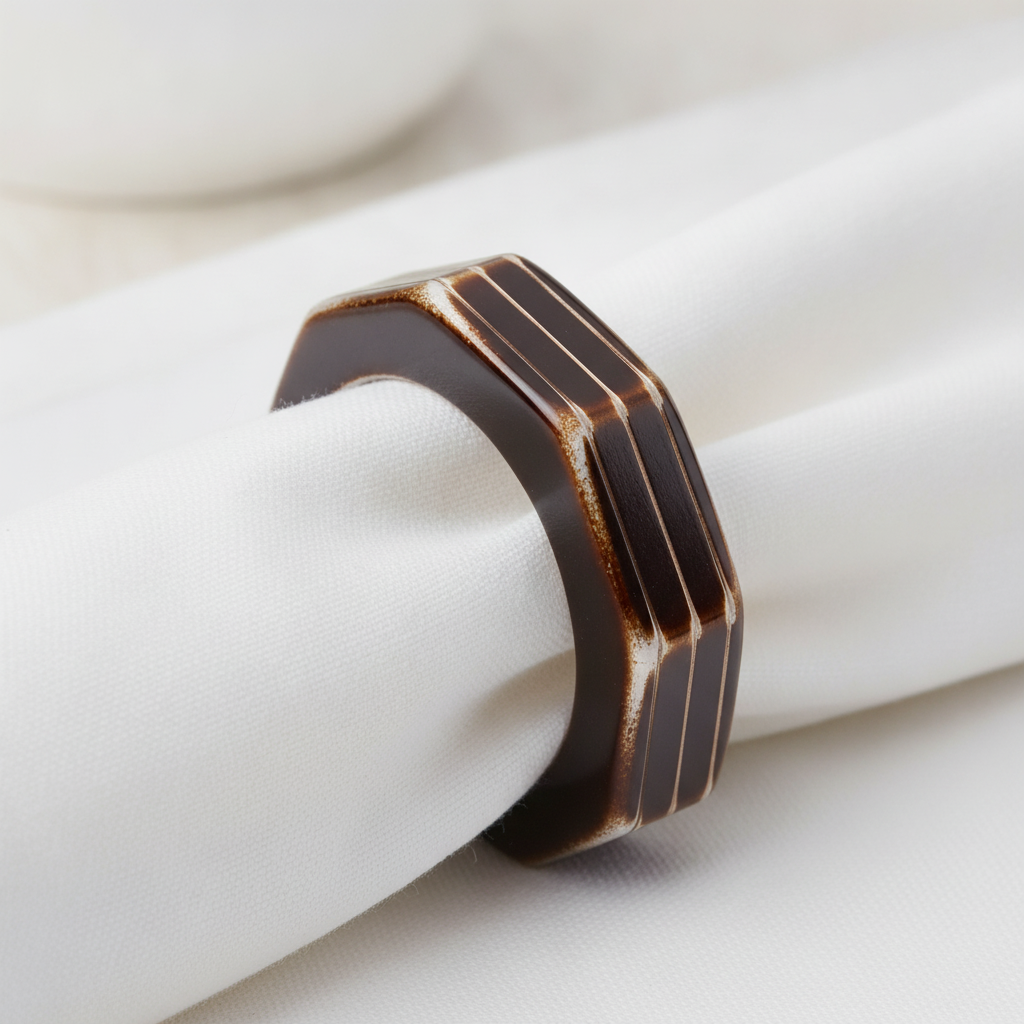 Close-up of a bronze octagonal napkin ring wrapped around a white napkin