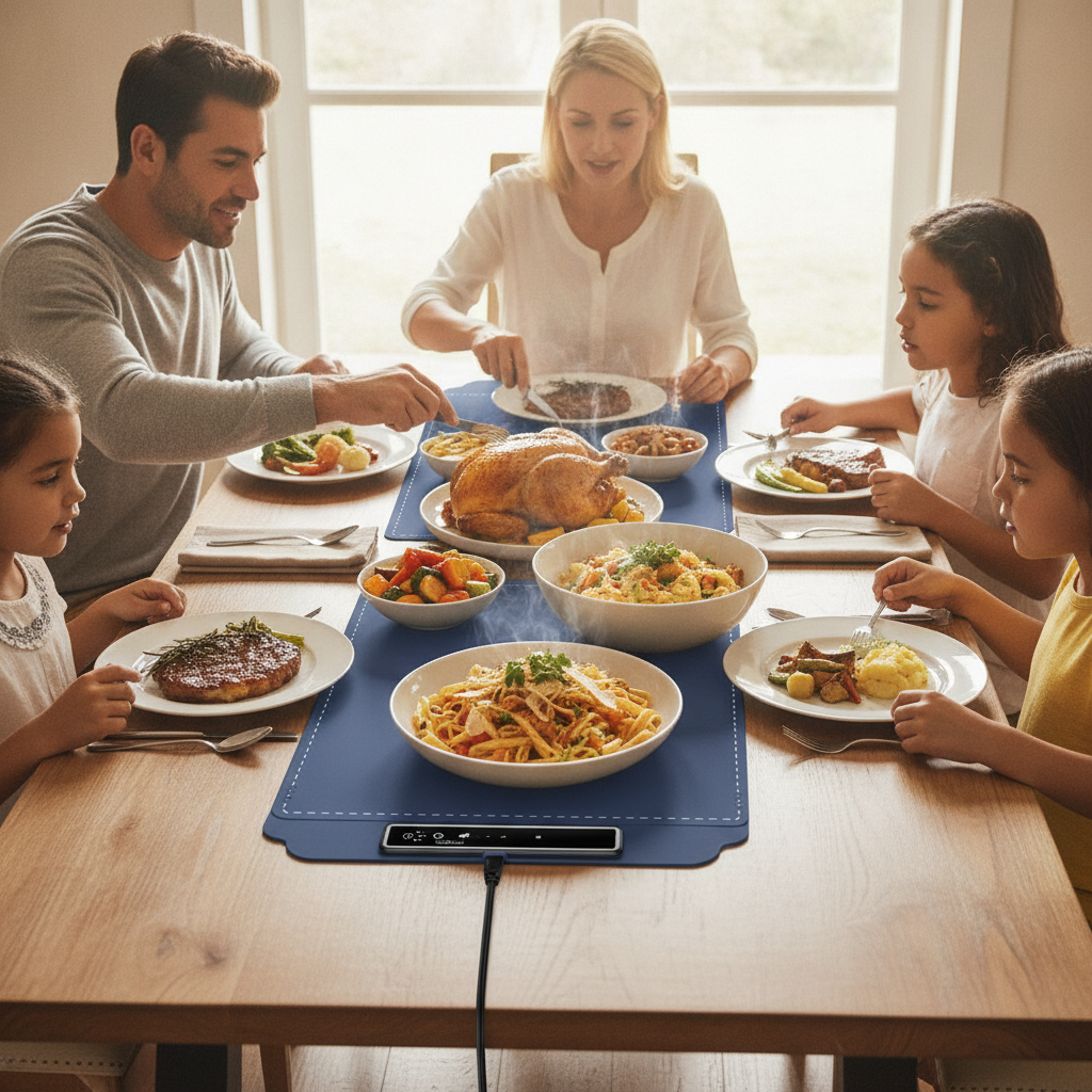 Serving dishes of hot food kept warm on the silicone warming mat at a family dinner