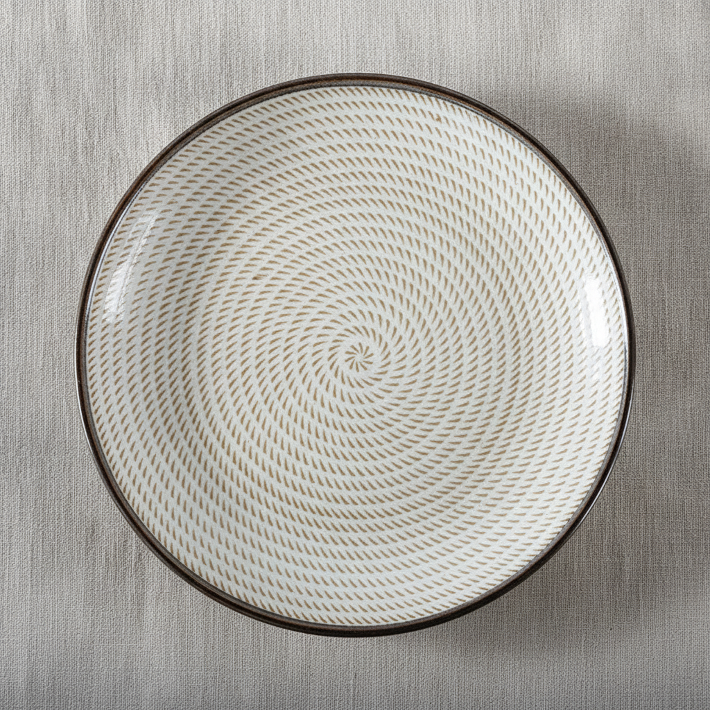 Japanese ceramic plate with tan annual-ring spiral underglaze texture