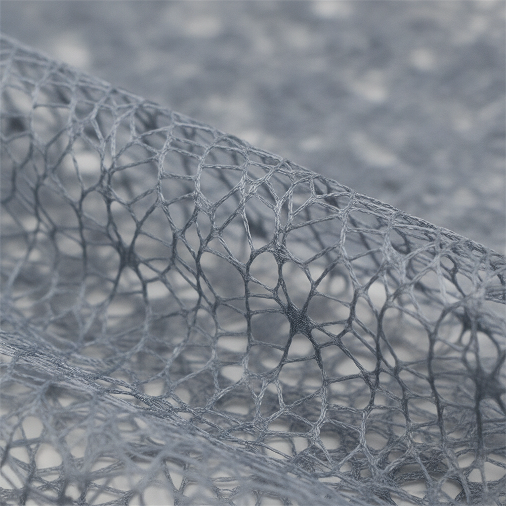 Close-up macro of gray spiderweb mesh floral wrapping fabric texture