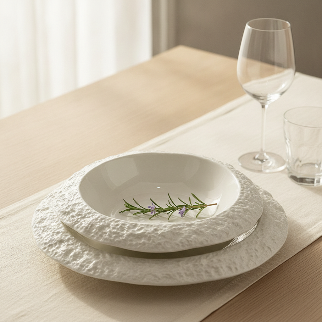 Cratone stone-rim ceramic deep dishes styled and stacked in a neutral tablescape