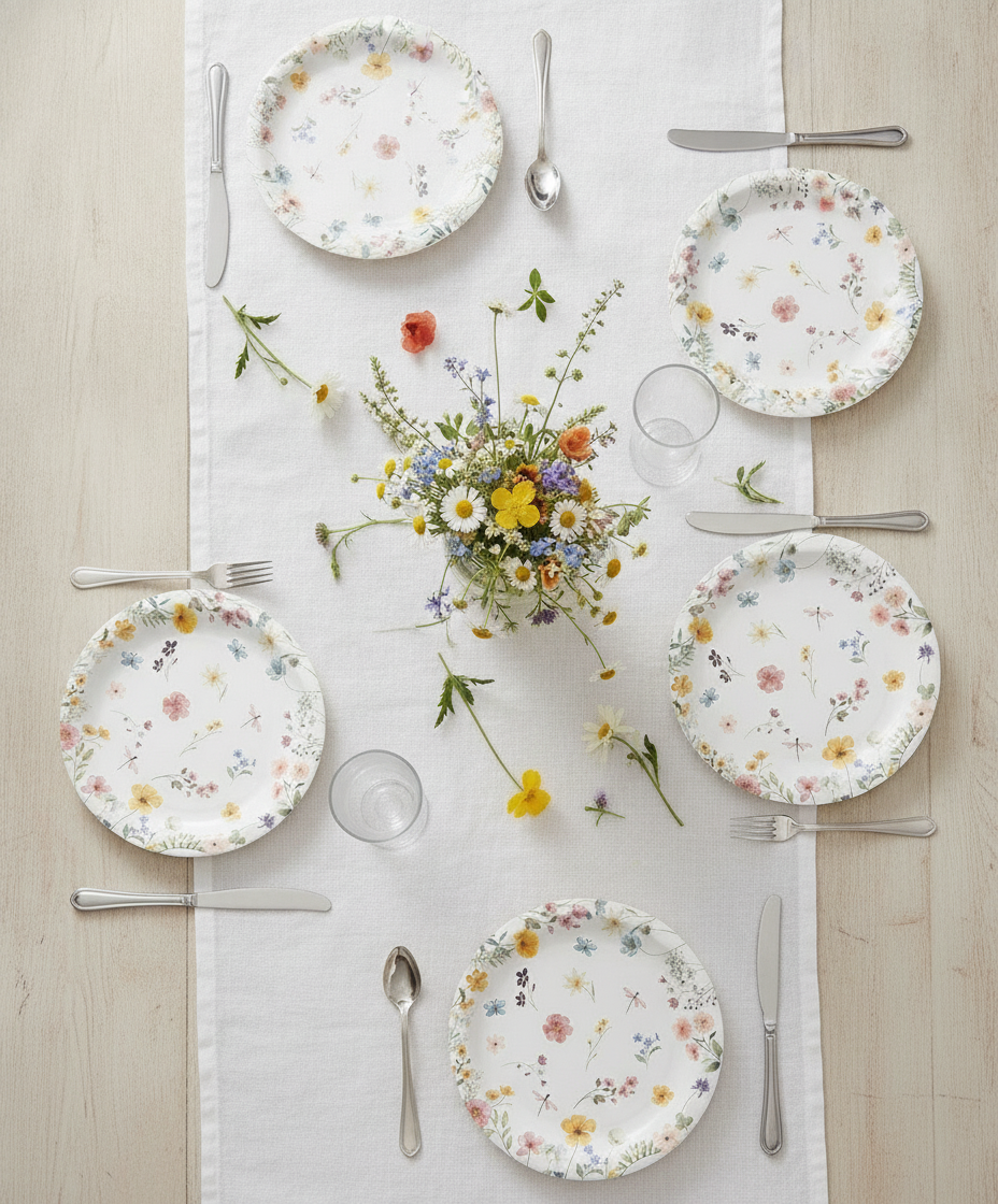 Spring garden party tablescape flat-lay with scattered wildflower disposable paper plates and blooms
