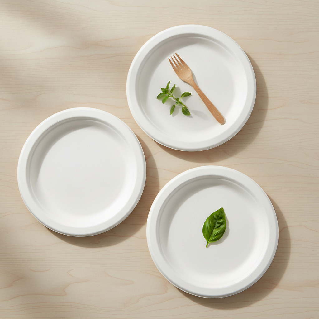Overhead flat-lay of white compostable sugarcane bagasse plates with greenery and a wooden fork