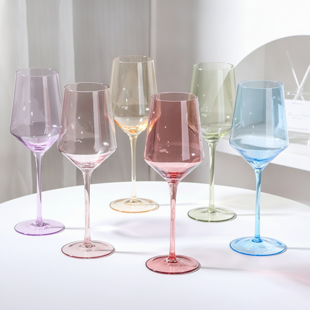 Set of six translucent jewel-tone coloured wine goblets
