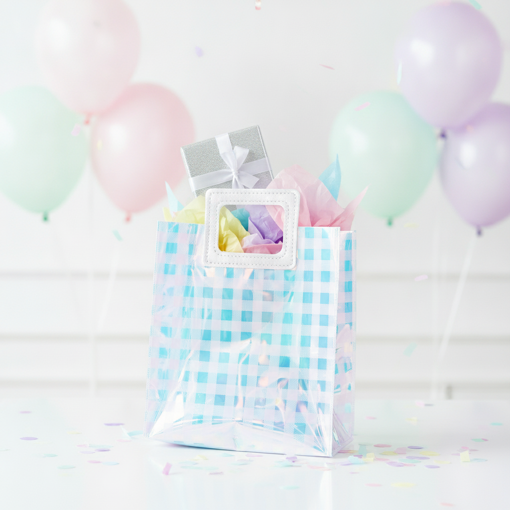 Holographic square-grid gift bag filled with tissue and a gift at a party
