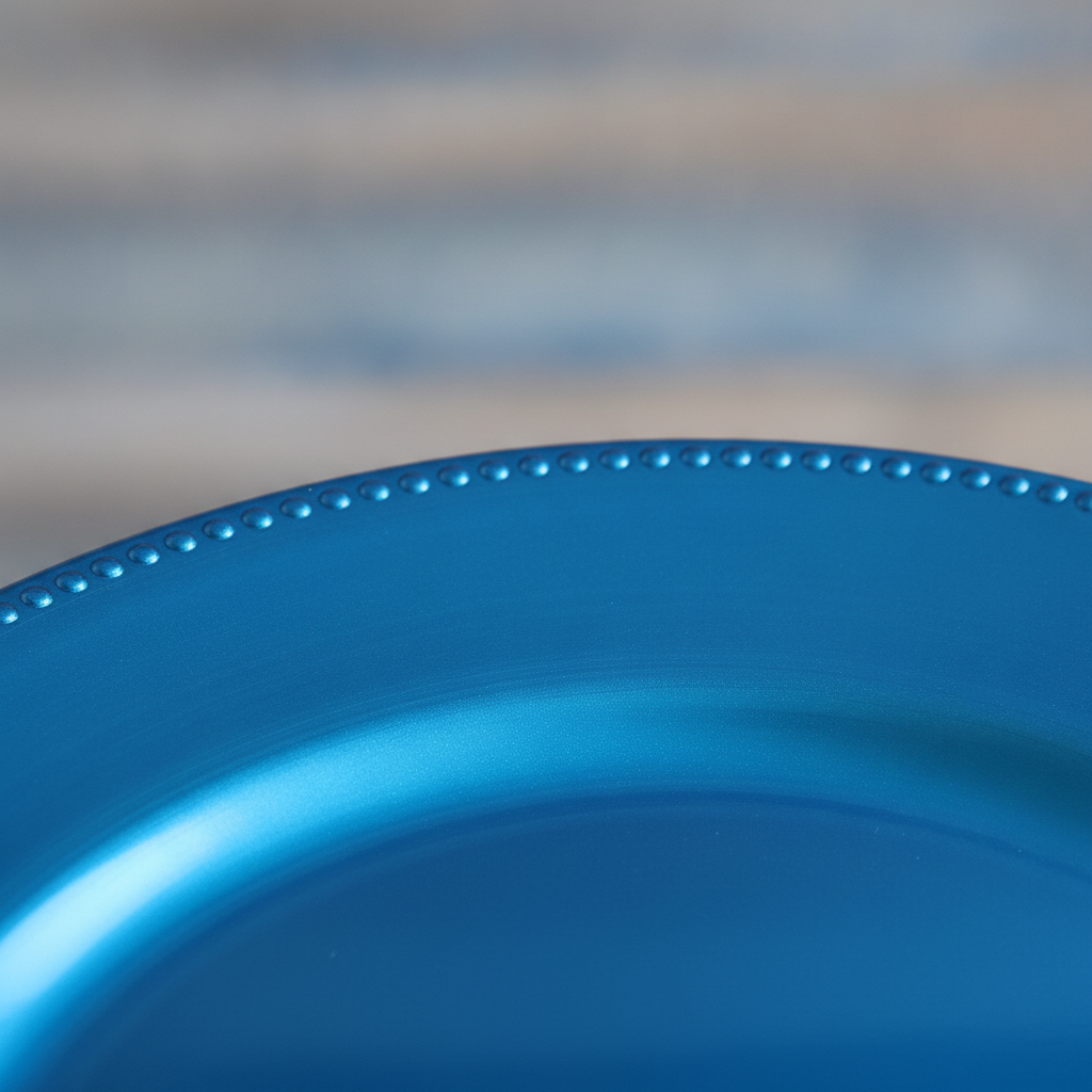 Macro detail of the fine beaded rim and metallic royal-blue finish of a charger plate