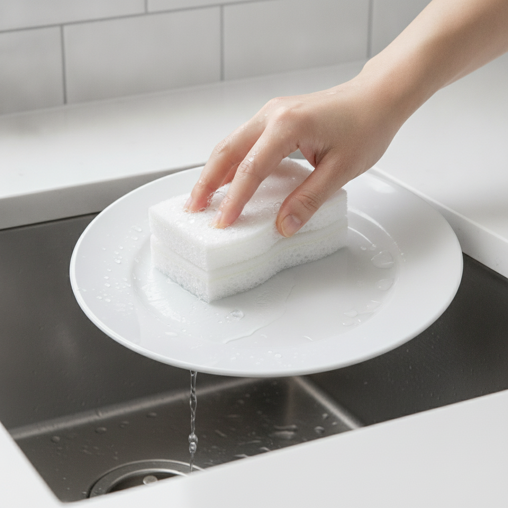 Hand using a white scrub sponge to wash a clean white plate at the sink