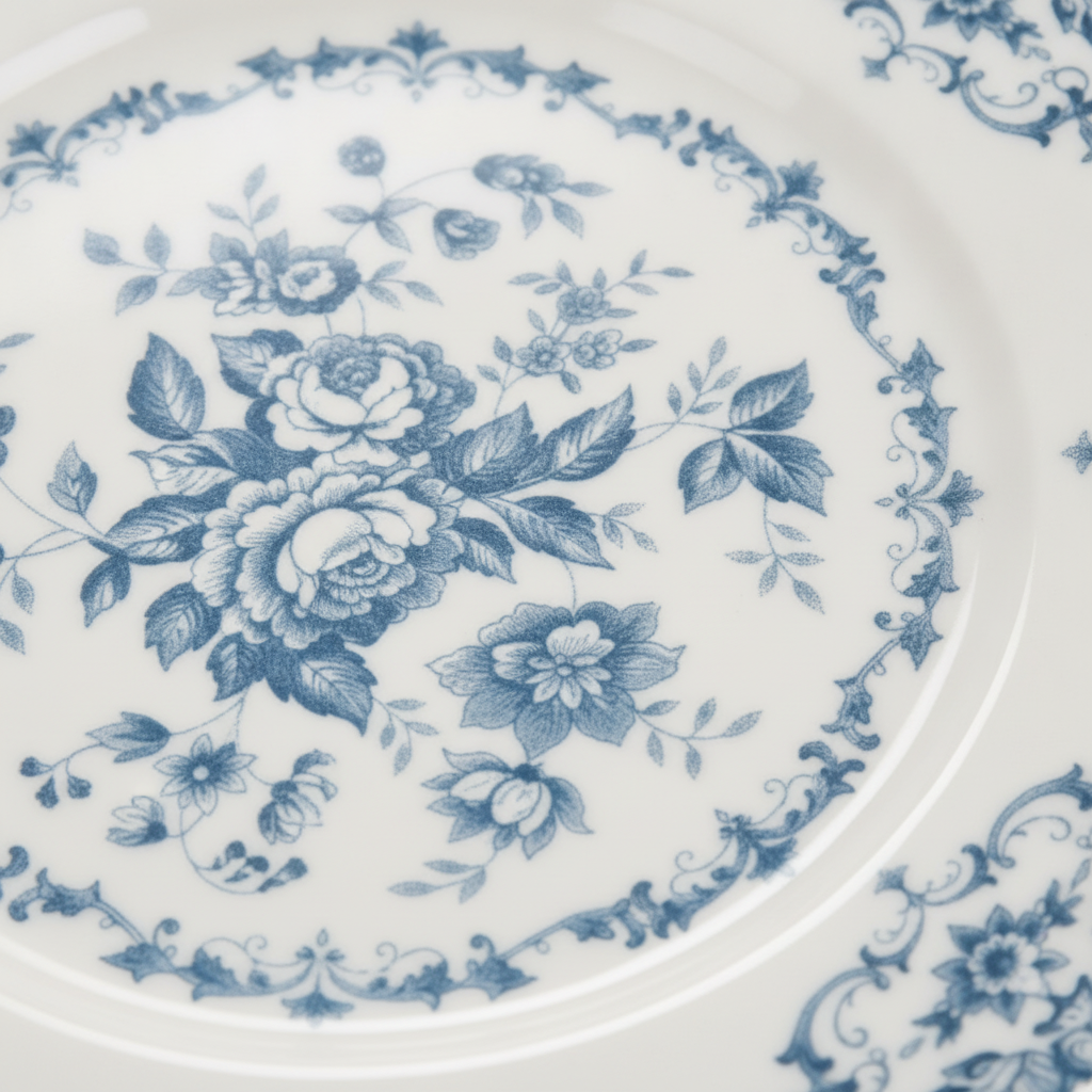 Macro detail of the blue toile floral pattern on a glossy white porcelain salad plate