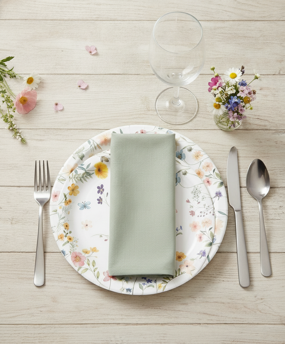 Scattered wildflower disposable paper party plate spring place setting with sage napkin on washed wood