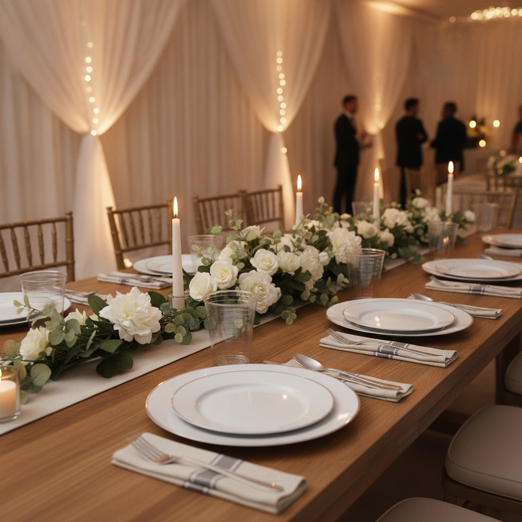 Elegant wedding table set with white and silver disposable dinnerware