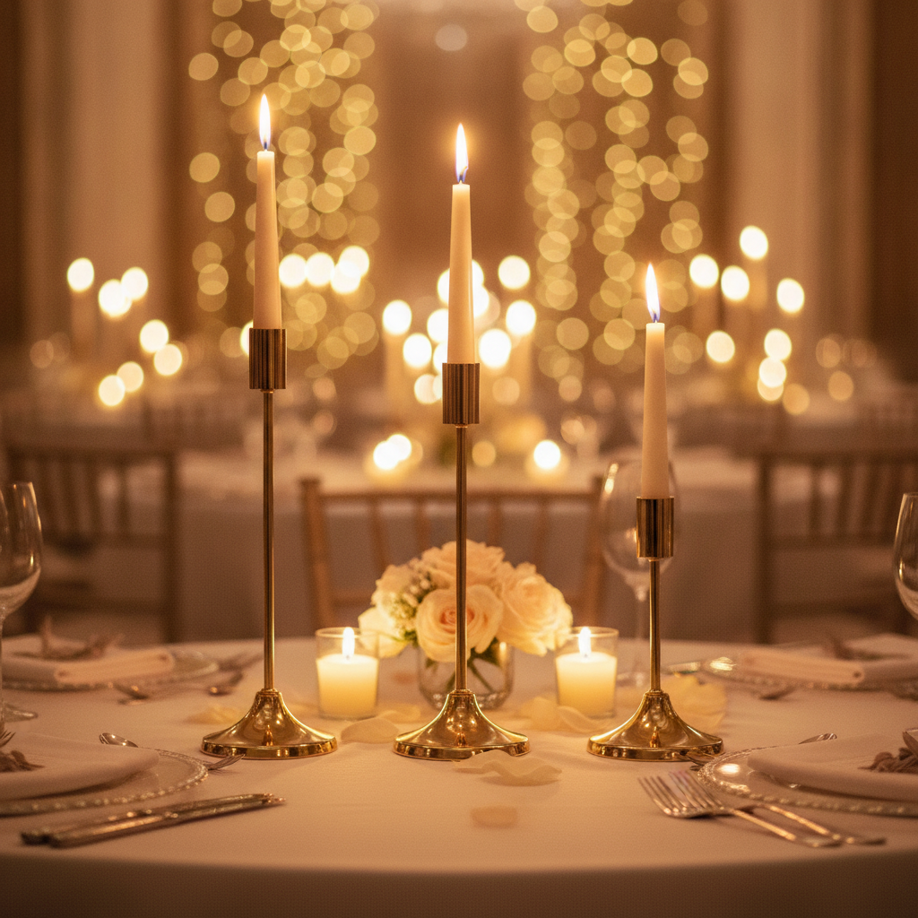 Nozze gold candlestick trio lit on an evening wedding reception table