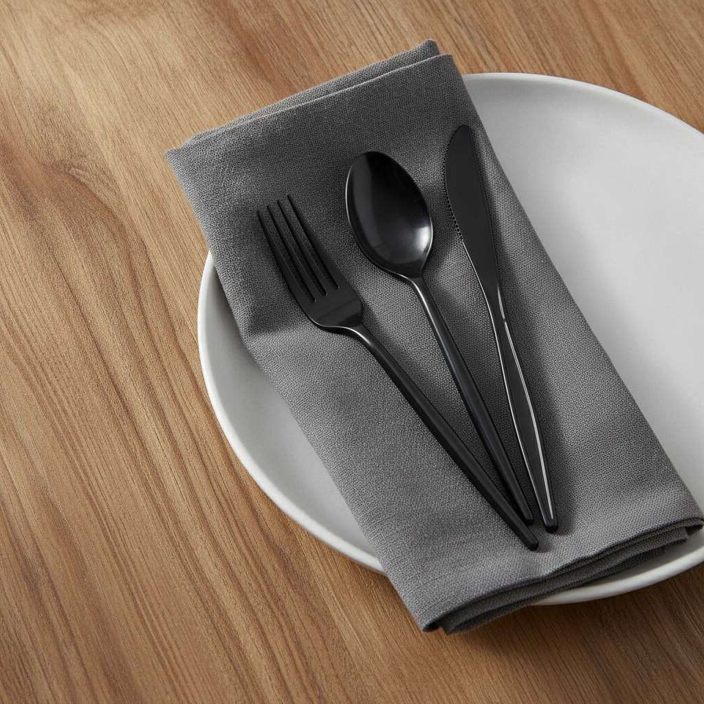 Black plastic fork knife and spoon on a charcoal napkin beside a white plate on oak table