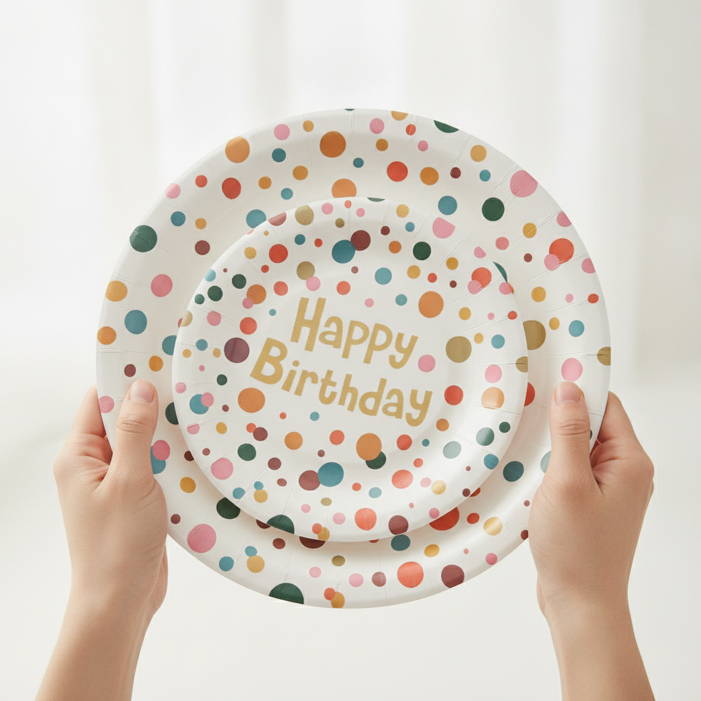 Confetti Happy Birthday disposable paper party plates held in two hands showing the gold print