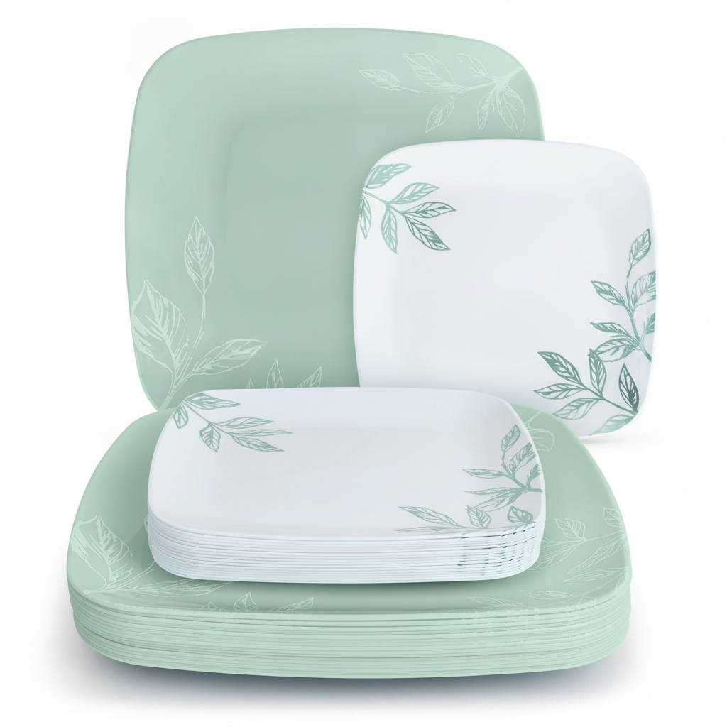 Stacked mint-green and white leaf-print square plastic plates on white background