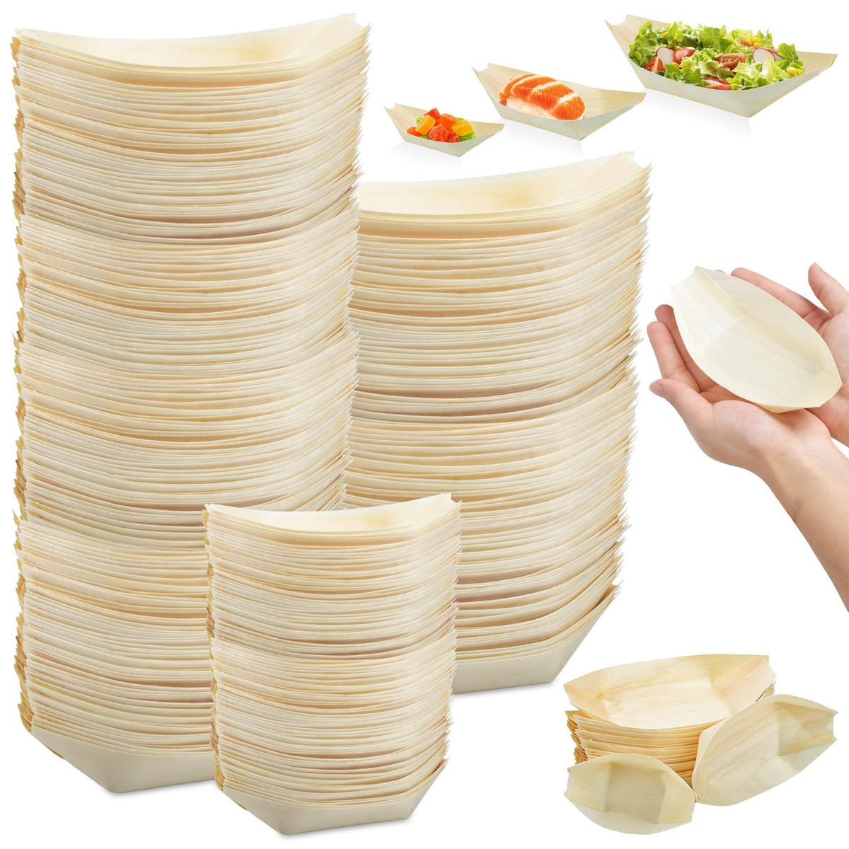 CONLI 500 PCS Bamboo Plates Disposable Wooden Boat Plates Bamboo Boats for Appetizers Sushi Boat Serving Tray Food Container Bamboo Bowls Disposable for Catering Home and Party