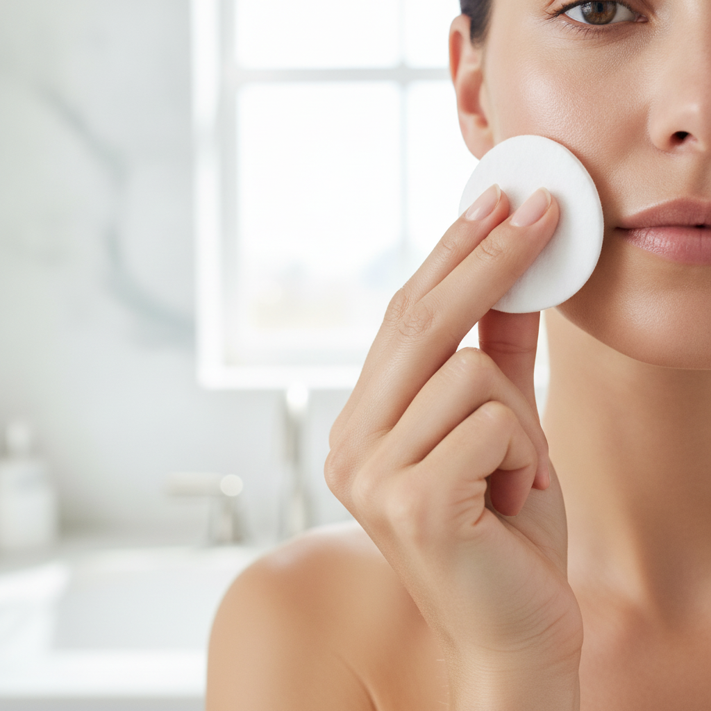 Hand holding a white cotton round during a skincare routine